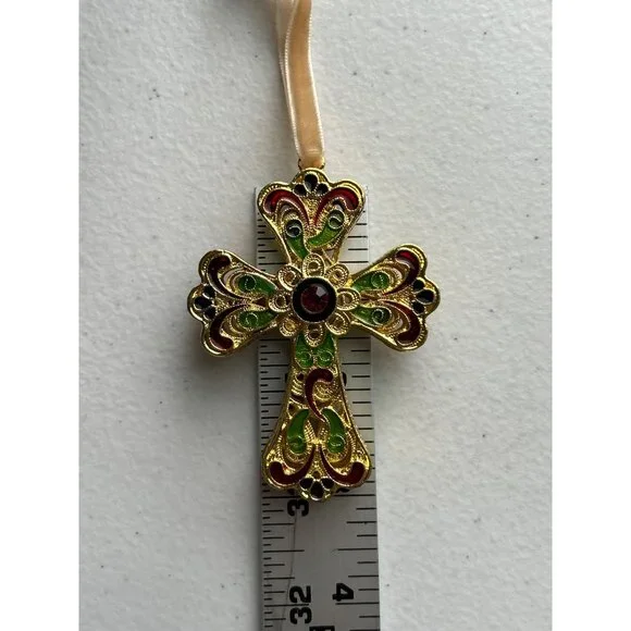 Pier 1 Imports Cloisonné Gold Tone Decorative Cross Ornament With Ribbon Hanger - Picture 6 of 8